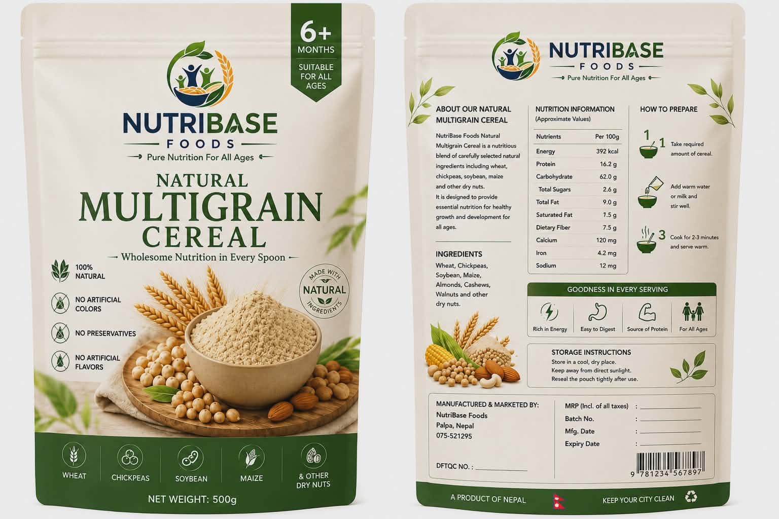NutriBase Foods Natural Multigrain Cereal made with wheat, chickpeas, soybean, maize, and natural grains