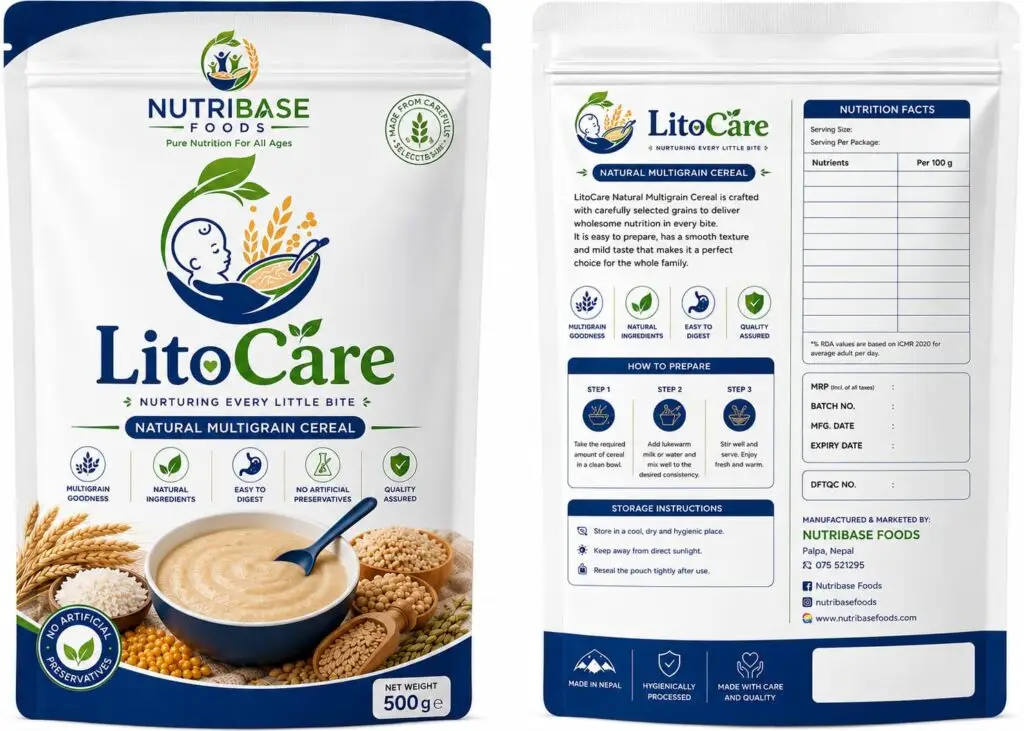 LitoCare nutritious cereal blend by NutriBase Foods made from maize, soybeans, chickpeas, and wheat and various dry fruit and nuts