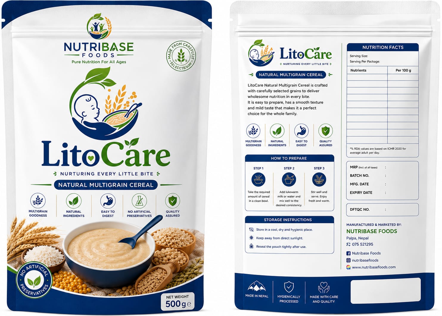 LitoCare nutritious cereal blend by NutriBase Foods made from maize, soybeans, chickpeas, and wheat and various dry fruit and nuts