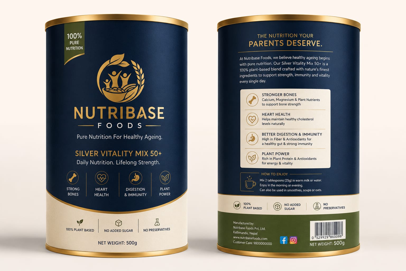 NutriBase Foods Silver Vitality Mix 50+ plant-based nutrition powder for adults aged 50 and above.